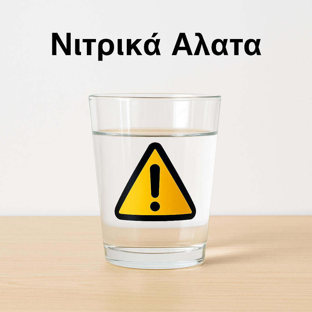 Ποτήρι με νερό και προειδοποιητικό σήμα για νιτρικά στο πόσιμο νερό.